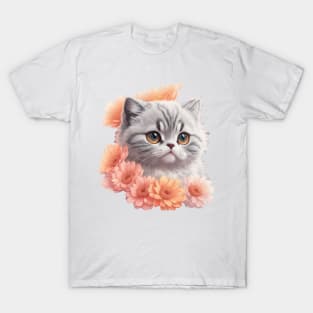 Enchanted Delight: Scottish Fold's Vintage Florals and Whisker Magic T-Shirt